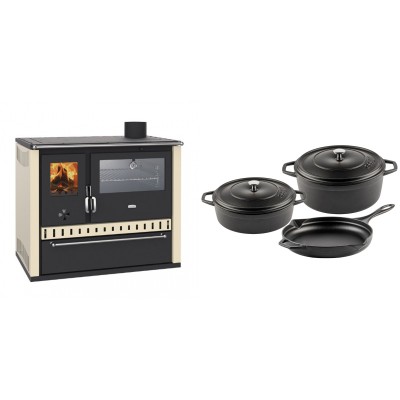 Set Küchenofen / Küchenhexe Wasserführend Prity GT W10 Elfenbein, mit Edelstahl-Backofen, Stahlhobel und Schublade, 13.3 kW + Gusseisen Topf Set aus 3 teilen Solagio, Black Onyx - Kaminofen - Holzofen mit Backfach