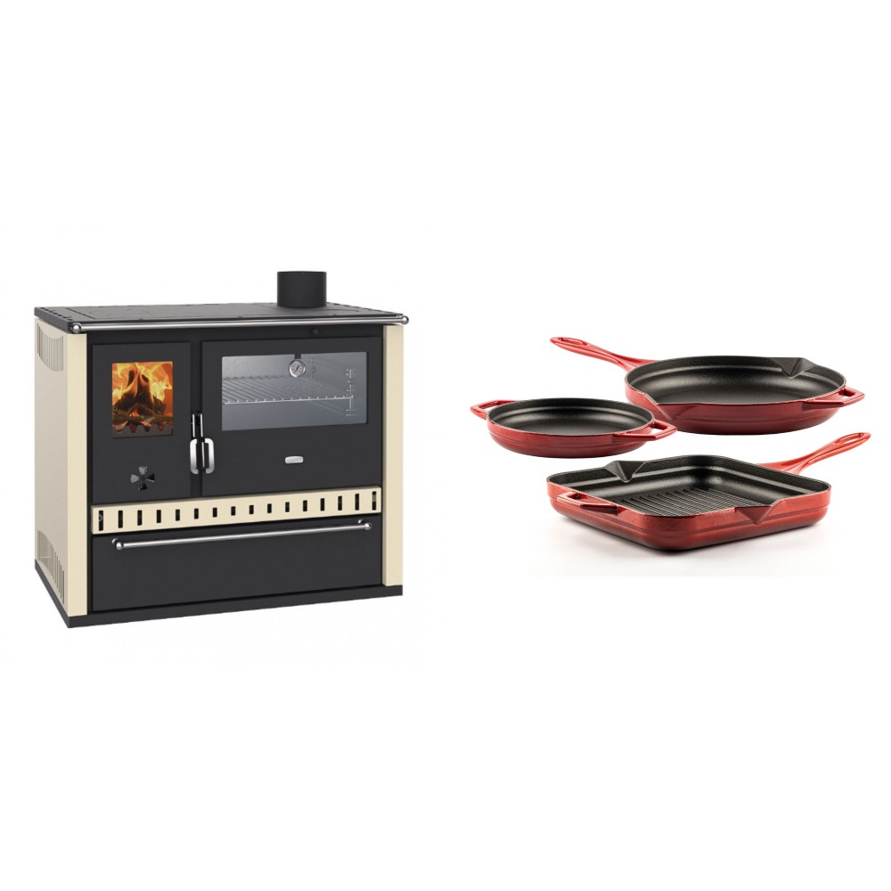 Set Küchenofen / Küchenhexe Wasserführend Prity GT W10 Elfenbein, mit Edelstahl-Backofen, Stahlhobel und Schublade, 13.3 kW + Gusseisen Topf Set aus 3 teilen Solagio, Rubin