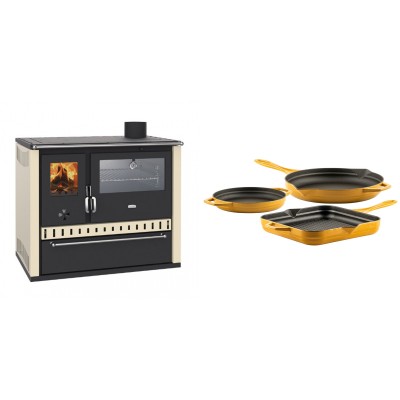 Set Küchenofen / Küchenhexe Wasserführend Prity GT W10 Elfenbein, mit Edelstahl-Backofen, Stahlhobel und Schublade, 13.3 kW + Gusseisen Topf Set aus 3 teilen Solagio, Dijon - Kaminofen - Holzofen mit Backfach