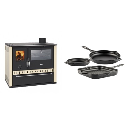 Set Küchenofen / Küchenhexe Wasserführend Prity GT W10 Elfenbein, mit Edelstahl-Backofen, Stahlhobel und Schublade, 13.3 kW + Gusseisen Topf Set aus 3 teilen Solagio, Black Onyx - Kaminofen - Holzofen mit Backfach