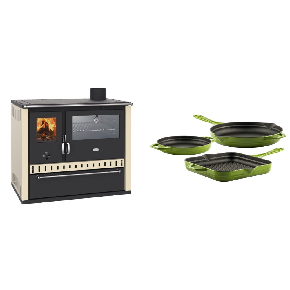 Set Küchenofen / Küchenhexe Wasserführend Prity GT W10 Elfenbein, mit Edelstahl-Backofen, Stahlhobel und Schublade, 13.3 kW + Gusseisen Topf Set aus 3 teilen Solagio, Bamboo | Kaminofen - Holzofen mit Backfach | Kaminofen |