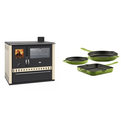 Set Küchenofen / Küchenhexe Wasserführend Prity GT W10 Elfenbein, mit Edelstahl-Backofen, Stahlhobel und Schublade, 13.3 kW + Gusseisen Topf Set aus 3 teilen Solagio, Bamboo - Kaminofen - Holzofen mit Backfach