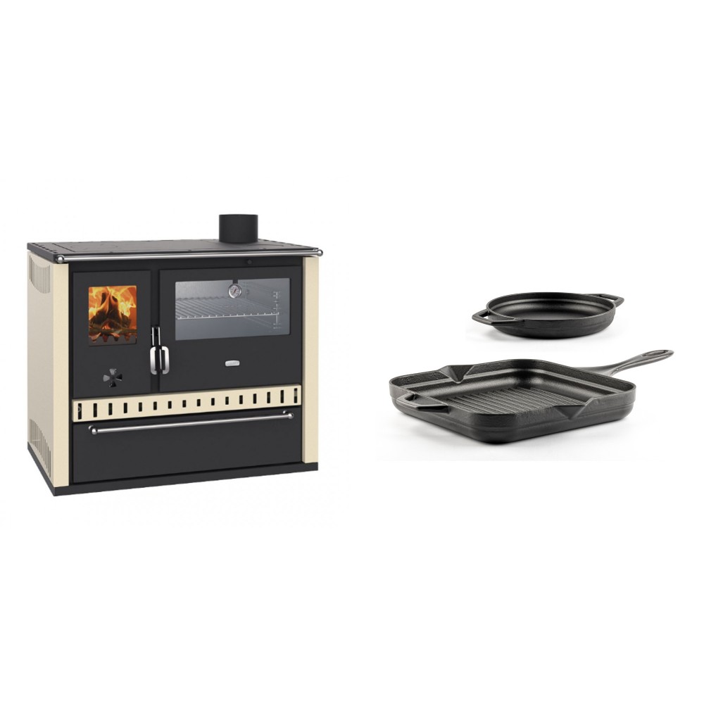 Set Küchenofen / Küchenhexe Wasserführend Prity GT W10 Elfenbein, mit Edelstahl-Backofen, Stahlhobel und Schublade, 13.3 kW + Gusseisen Topf Set aus 2 teilen Solagio, Black Onyx | Kaminofen - Holzofen mit Backfach | Kaminofen |