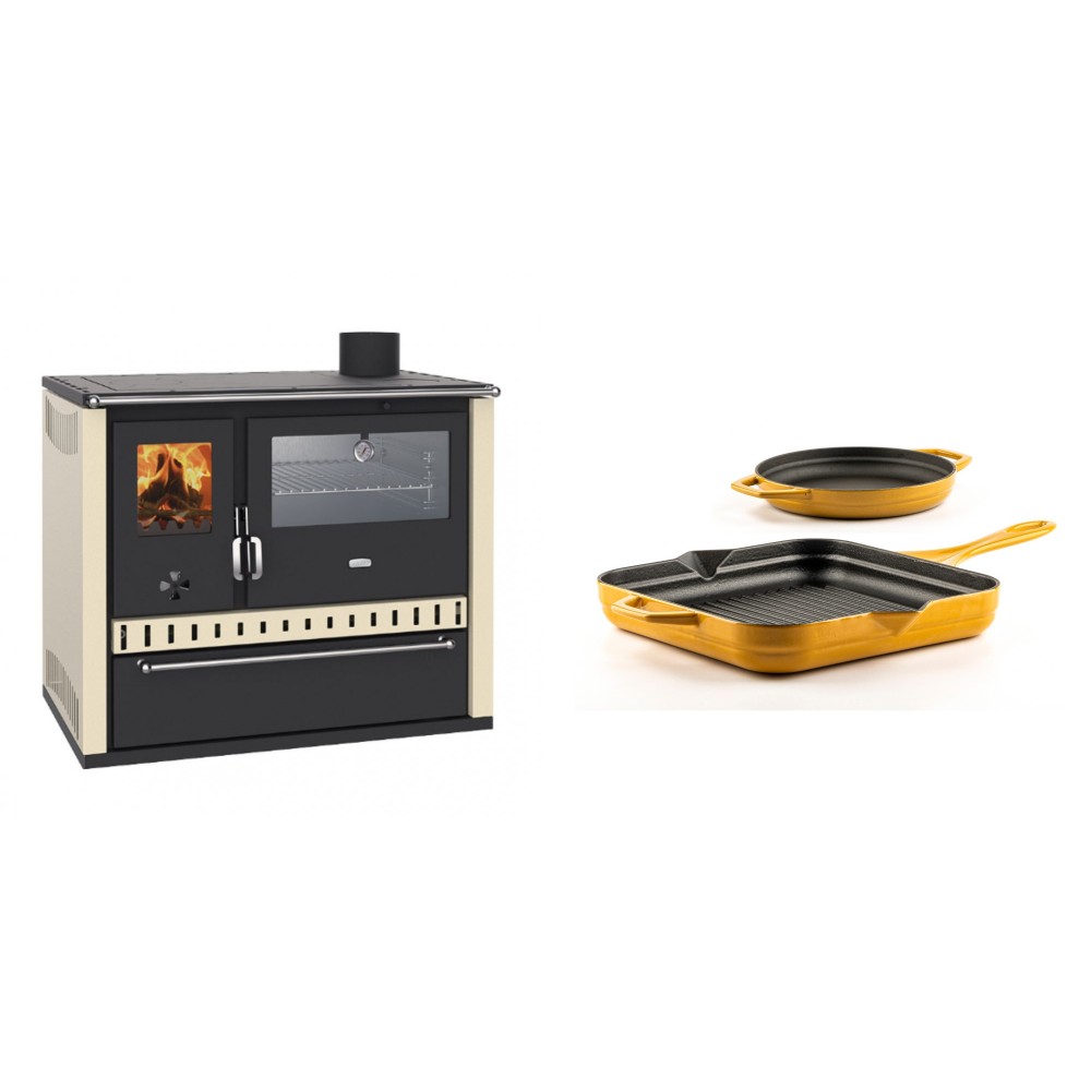 Set Küchenofen / Küchenhexe Wasserführend Prity GT W10 Elfenbein, mit Edelstahl-Backofen, Stahlhobel und Schublade, 13.3 kW + Gusseisen Topf Set aus 2 teilen Solagio, Dijon | Kaminofen - Holzofen mit Backfach | Kaminofen |