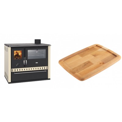 Set Küchenofen / Küchenhexe Wasserführend Prity GT W10 Elfenbein, mit Edelstahl-Backofen, Stahlhobel und Schublade, 13.3 kW + Holz untersetzer für gusseisenplatte Solagio HSST2131 - Kaminofen - Holzofen mit Backfach