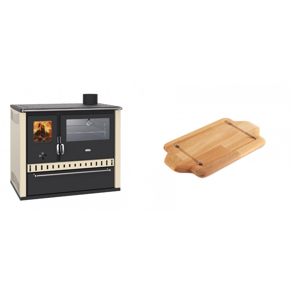 Set Küchenofen / Küchenhexe Wasserführend Prity GT W10 Elfenbein, mit Edelstahl-Backofen, Stahlhobel und Schublade, 13.3 kW + Holz untersetzer für mini-gusseisenplatte Solagio HSDDHP1522