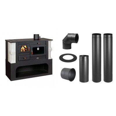 Set Küchenofen / Küchenhexe mit Backofen und Kochplatte Prity, Modell 1P34-K Dantela Rechts, Keramikverkleidung, Leistung 10.1kW + Schornstein Bausatz PARKANEX, Stahl Ø130, Dicke 2mm - Kaminofen - Holzofen mit Backfach