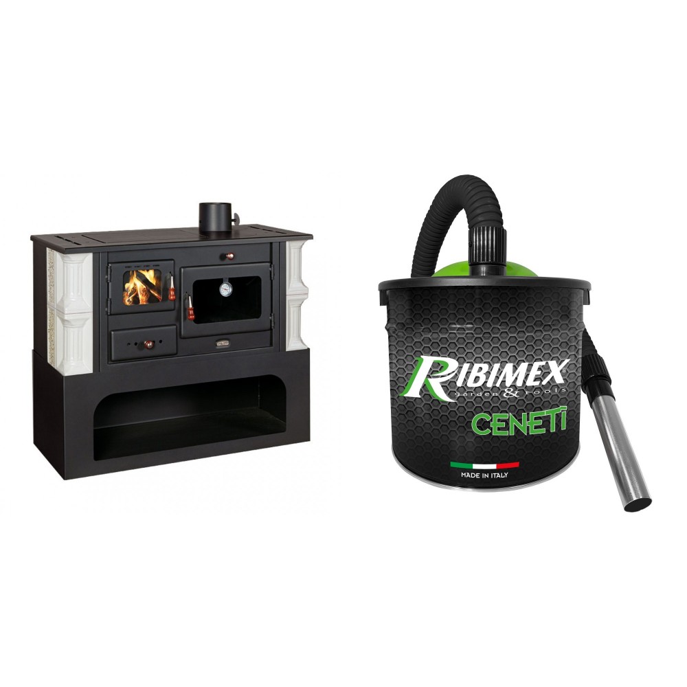 Set Küchenofen / Küchenhexe mit Backofen und Kochplatte Prity, Modell 1P34-K Dantela Rechts, Keramikverkleidung, Leistung 10.1kW + Elektrischer Aschesauger Ribimex, Modell Cenetì, Fassungsvermögen 15 L | Küchenofen / Küchenhexe Prity | Kaminofen |