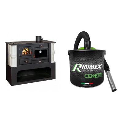 Set Küchenofen / Küchenhexe mit Backofen und Kochplatte Prity, Modell 1P34-K Dantela Rechts, Keramikverkleidung, Leistung 10.1kW + Elektrischer Aschesauger Ribimex, Modell Cenetì, Fassungsvermögen 15 L - Kaminofen - Holzofen mit Backfach