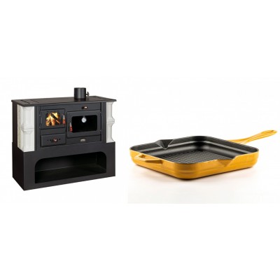 Set Küchenofen / Küchenhexe mit Backofen und Kochplatte Prity, Modell 1P34-K Dantela Rechts, Keramikverkleidung, Leistung 10.1kW + Emaillierte grillpfanne Gusseisen Solagio, Dijon, 28х28cm - Kaminofen - Holzofen mit Backfach