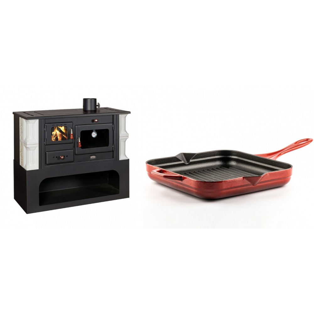 Set Küchenofen / Küchenhexe mit Backofen und Kochplatte Prity, Modell 1P34-K Dantela Rechts, Keramikverkleidung, Leistung 10.1kW + Emaillierte grillpfanne Gusseisen Solagio, Rubin, 28x28cm