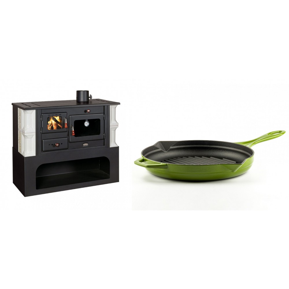 Set Küchenofen / Küchenhexe mit Backofen und Kochplatte Prity, Modell 1P34-K Dantela Rechts, Keramikverkleidung, Leistung 10.1kW + Emaillierte grillpfanne Gusseisen Solagio, Bamboo, Ф28cm | Kaminofen - Holzofen mit Backfach | Kaminofen |