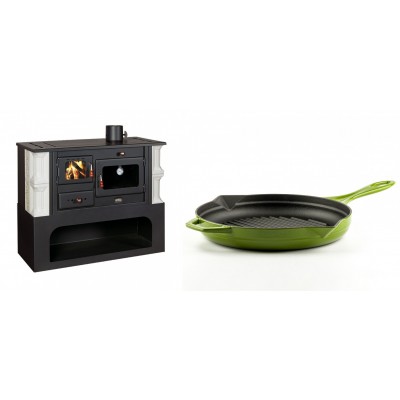 Set Küchenofen / Küchenhexe mit Backofen und Kochplatte Prity, Modell 1P34-K Dantela Rechts, Keramikverkleidung, Leistung 10.1kW + Emaillierte grillpfanne Gusseisen Solagio, Bamboo, Ф28cm - Kaminofen - Holzofen mit Backfach