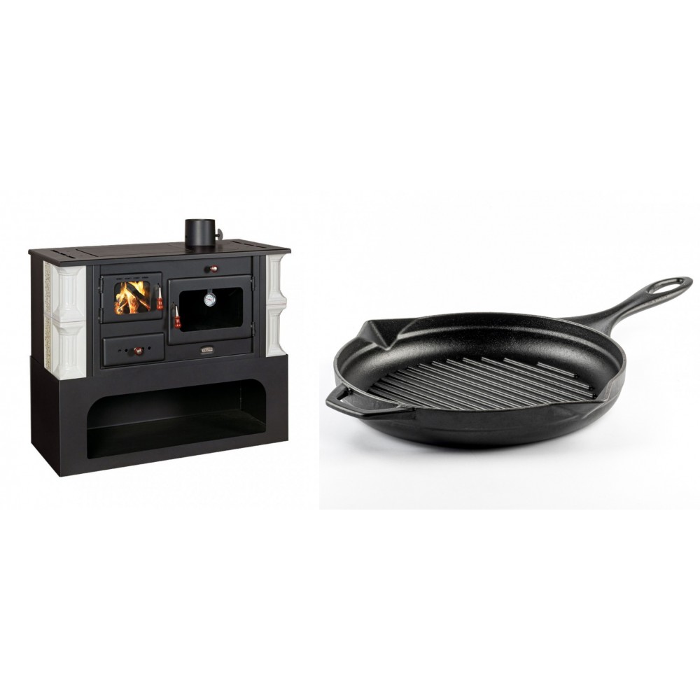 Set Küchenofen / Küchenhexe mit Backofen und Kochplatte Prity, Modell 1P34-K Dantela Rechts, Keramikverkleidung, Leistung 10.1kW + Emaillierte grillpfanne Gusseisen Solagio, Black Onyx, Ф28cm