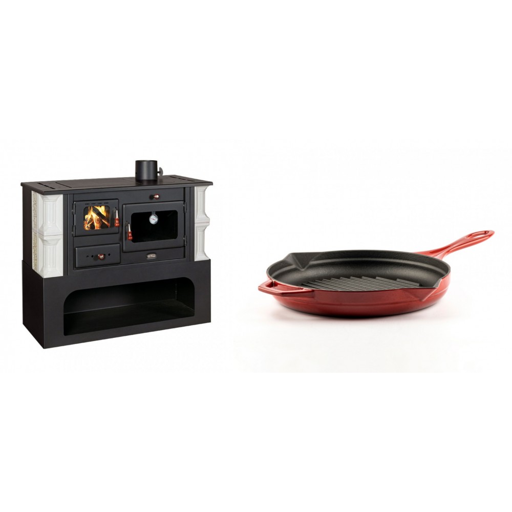 Set Küchenofen / Küchenhexe mit Backofen und Kochplatte Prity, Modell 1P34-K Dantela Rechts, Keramikverkleidung, Leistung 10.1kW + Emaillierte grillpfanne Gusseisen Solagio, Rubin, Ф24cm | Kaminofen - Holzofen mit Backfach | Kaminofen |