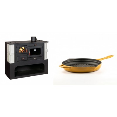 Set Küchenofen / Küchenhexe mit Backofen und Kochplatte Prity, Modell 1P34-K Dantela Rechts, Keramikverkleidung, Leistung 10.1kW + Emaillierte grillpfanne Gusseisen Solagio, Dijon, Ф24cm - Kaminofen - Holzofen mit Backfach