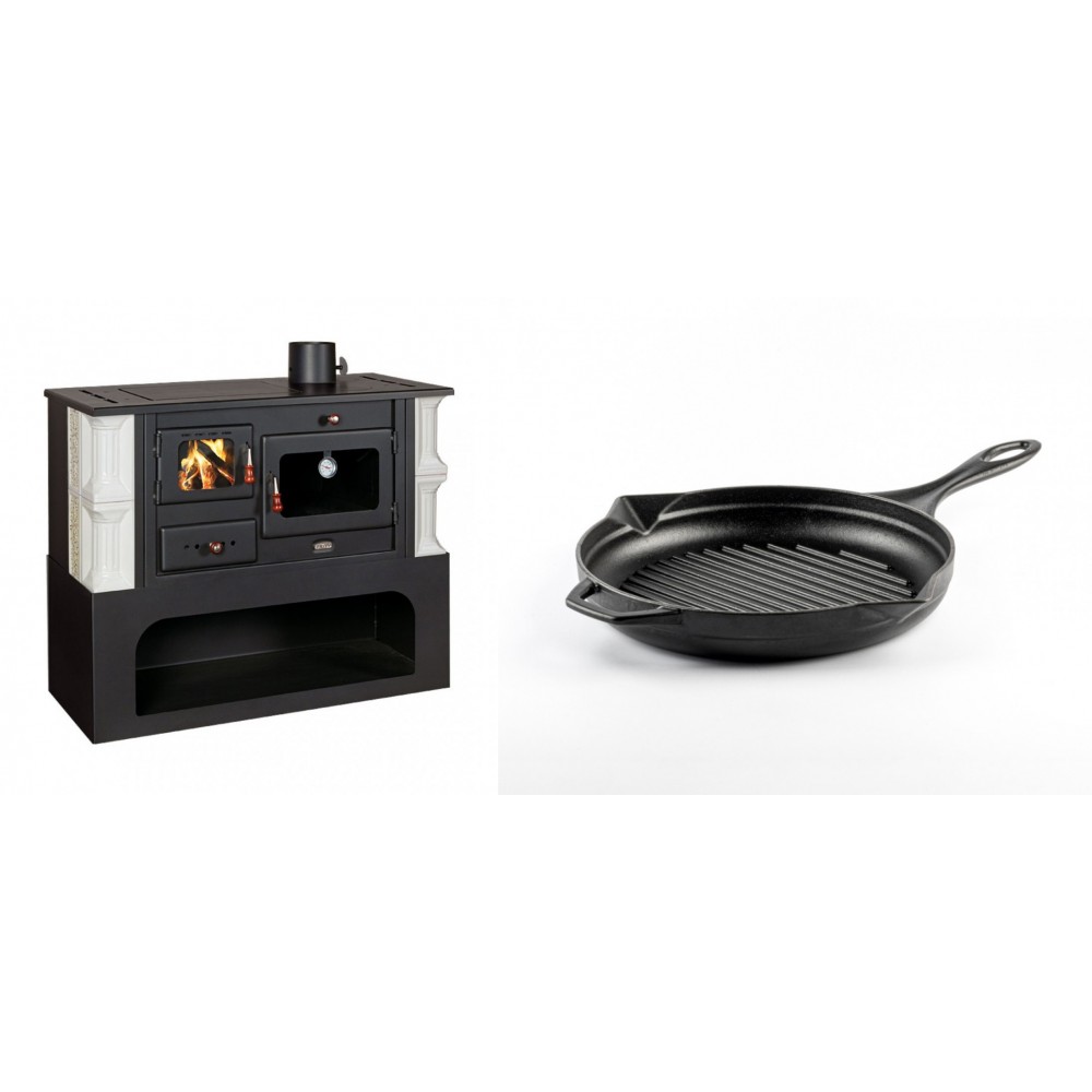 Set Küchenofen / Küchenhexe mit Backofen und Kochplatte Prity, Modell 1P34-K Dantela Rechts, Keramikverkleidung, Leistung 10.1kW + Emaillierte grillpfanne Gusseisen Solagio, Black Onyx, Ф24cm