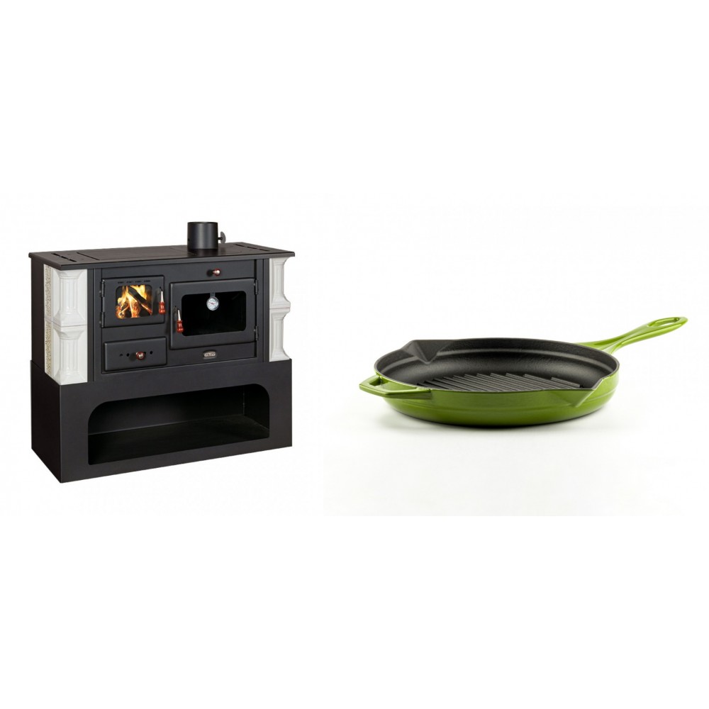 Set Küchenofen / Küchenhexe mit Backofen und Kochplatte Prity, Modell 1P34-K Dantela Rechts, Keramikverkleidung, Leistung 10.1kW + Emaillierte grillpfanne Gusseisen Solagio, Bamboo, Ф24cm