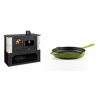 Set Küchenofen / Küchenhexe mit Backofen und Kochplatte Prity, Modell 1P34-K Dantela Rechts, Keramikverkleidung, Leistung 10.1kW + Emaillierte grillpfanne Gusseisen Solagio, Bamboo, Ф24cm - Kaminofen - Holzofen mit Backfach