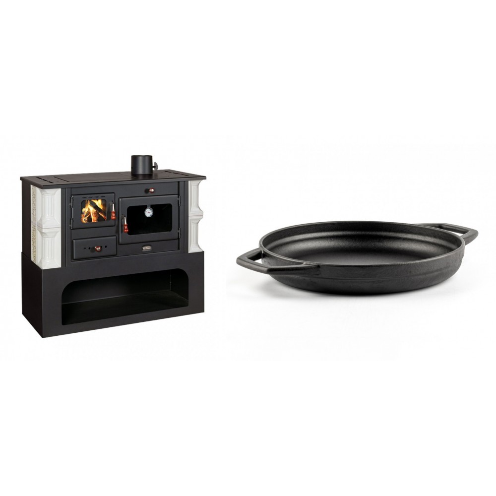 Set Küchenofen / Küchenhexe mit Backofen und Kochplatte Prity, Modell 1P34-K Dantela Rechts, Keramikverkleidung, Leistung 10.1kW + Emaillierte gusseisenpfanne mit zwei Griffen Solagio, Black Onyx, Ф22cm