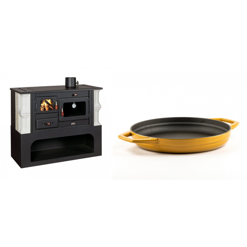 Set Küchenofen / Küchenhexe mit Backofen und Kochplatte Prity, Modell 1P34-K Dantela Rechts, Keramikverkleidung, Leistung 10.1kW + Emaillierte gusseisenpfanne mit zwei Griffen Solagio, Dijon, Ф22cm