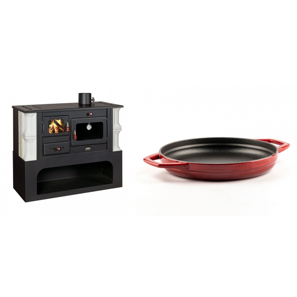 Set Küchenofen / Küchenhexe mit Backofen und Kochplatte Prity, Modell 1P34-K Dantela Rechts, Keramikverkleidung, Leistung 10.1kW + Emaillierte gusseisenpfanne mit zwei Griffen Solagio, Rubin, Ф22cm