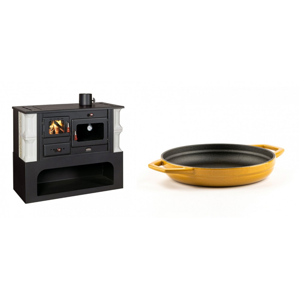 Set Küchenofen / Küchenhexe mit Backofen und Kochplatte Prity, Modell 1P34-K Dantela Rechts, Keramikverkleidung, Leistung 10.1kW + Emaillierte gusseisenpfanne mit zwei Griffen Solagio, Dijon, Ф19cm