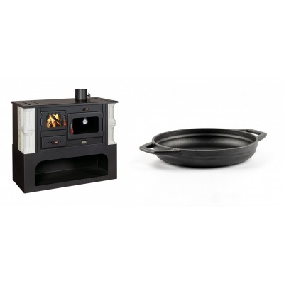 Set Küchenofen / Küchenhexe mit Backofen und Kochplatte Prity, Modell 1P34-K Dantela Rechts, Keramikverkleidung, Leistung 10.1kW + Emaillierte gusseisenpfanne mit zwei Griffen Solagio, Black Onyx, Ф19cm - Kaminofen - Holzofen mit Backfach