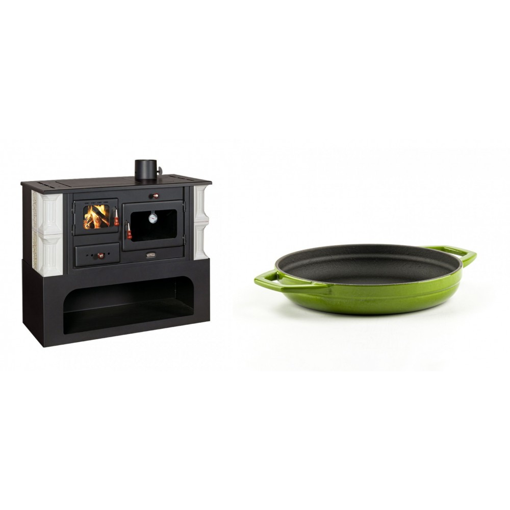 Set Küchenofen / Küchenhexe mit Backofen und Kochplatte Prity, Modell 1P34-K Dantela Rechts, Keramikverkleidung, Leistung 10.1kW + Emaillierte gusseisenpfanne mit zwei Griffen Solagio, Bamboo, Ф19cm