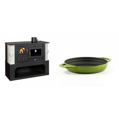 Set Küchenofen / Küchenhexe mit Backofen und Kochplatte Prity, Modell 1P34-K Dantela Rechts, Keramikverkleidung, Leistung 10.1kW + Emaillierte gusseisenpfanne mit zwei Griffen Solagio, Bamboo, Ф19cm - Kaminofen - Holzofen mit Backfach