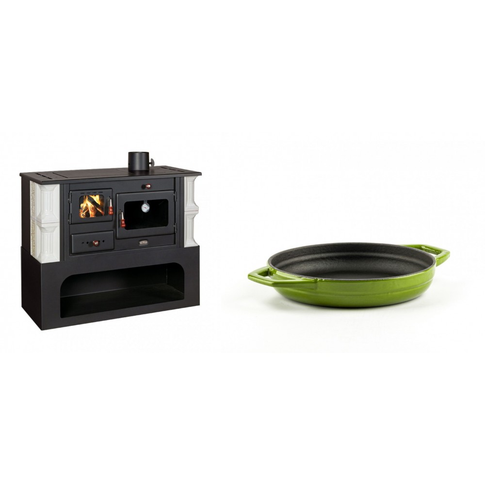 Set Küchenofen / Küchenhexe mit Backofen und Kochplatte Prity, Modell 1P34-K Dantela Rechts, Keramikverkleidung, Leistung 10.1kW + Emaillierte gusseisenpfanne mit zwei Griffen Solagio, Bamboo, Ф16cm