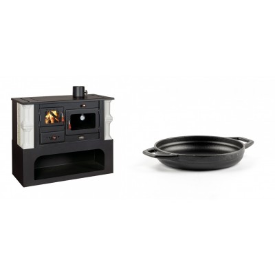 Set Küchenofen / Küchenhexe mit Backofen und Kochplatte Prity, Modell 1P34-K Dantela Rechts, Keramikverkleidung, Leistung 10.1kW + Emaillierte gusseisenpfanne mit zwei Griffen Solagio, Black Onyx, Ф16cm - Kaminofen - Holzofen mit Backfach