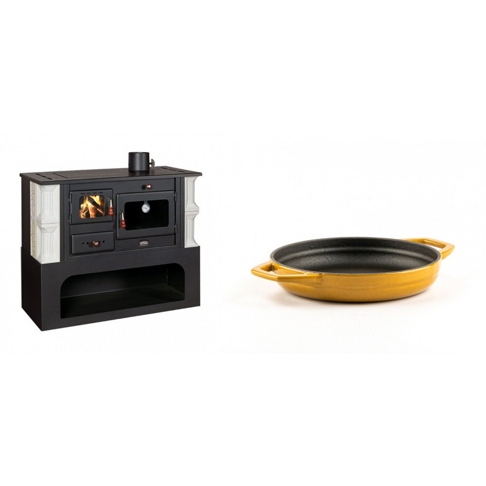 Set Küchenofen / Küchenhexe mit Backofen und Kochplatte Prity, Modell 1P34-K Dantela Rechts, Keramikverkleidung, Leistung 10.1kW + Emaillierte gusseisenpfanne mit zwei Griffen Solagio, Dijon, Ф16cm | Kaminofen - Holzofen mit Backfach | Kaminofen |