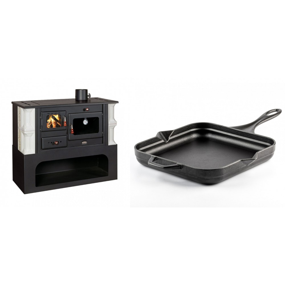 Set Küchenofen / Küchenhexe mit Backofen und Kochplatte Prity, Modell 1P34-K Dantela Rechts, Keramikverkleidung, Leistung 10.1kW + Emaillierte Gusseisenpfanne Solagio, Black Onyx, 28x28cm