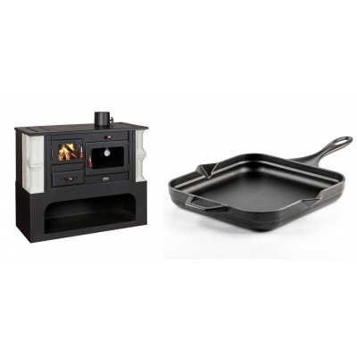 Set Küchenofen / Küchenhexe mit Backofen und Kochplatte Prity, Modell 1P34-K Dantela Rechts, Keramikverkleidung, Leistung 10.1kW + Emaillierte Gusseisenpfanne Solagio, Black Onyx, 28x28cm - Kaminofen - Holzofen mit Backfach