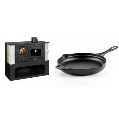 Set Küchenofen / Küchenhexe mit Backofen und Kochplatte Prity, Modell 1P34-K Dantela Rechts, Keramikverkleidung, Leistung 10.1kW + Emaillierte Gusseisenpfanne Solagio, Black Onyx, Ф28cm - Kaminofen - Holzofen mit Backfach