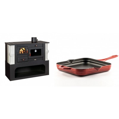 Set Küchenofen / Küchenhexe mit Backofen und Kochplatte Prity, Modell 1P34-K Dantela Rechts, Keramikverkleidung, Leistung 10.1kW + Emaillierte Gusseisenpfanne Solagio, Rubin, 28x28cm - Kaminofen - Holzofen mit Backfach