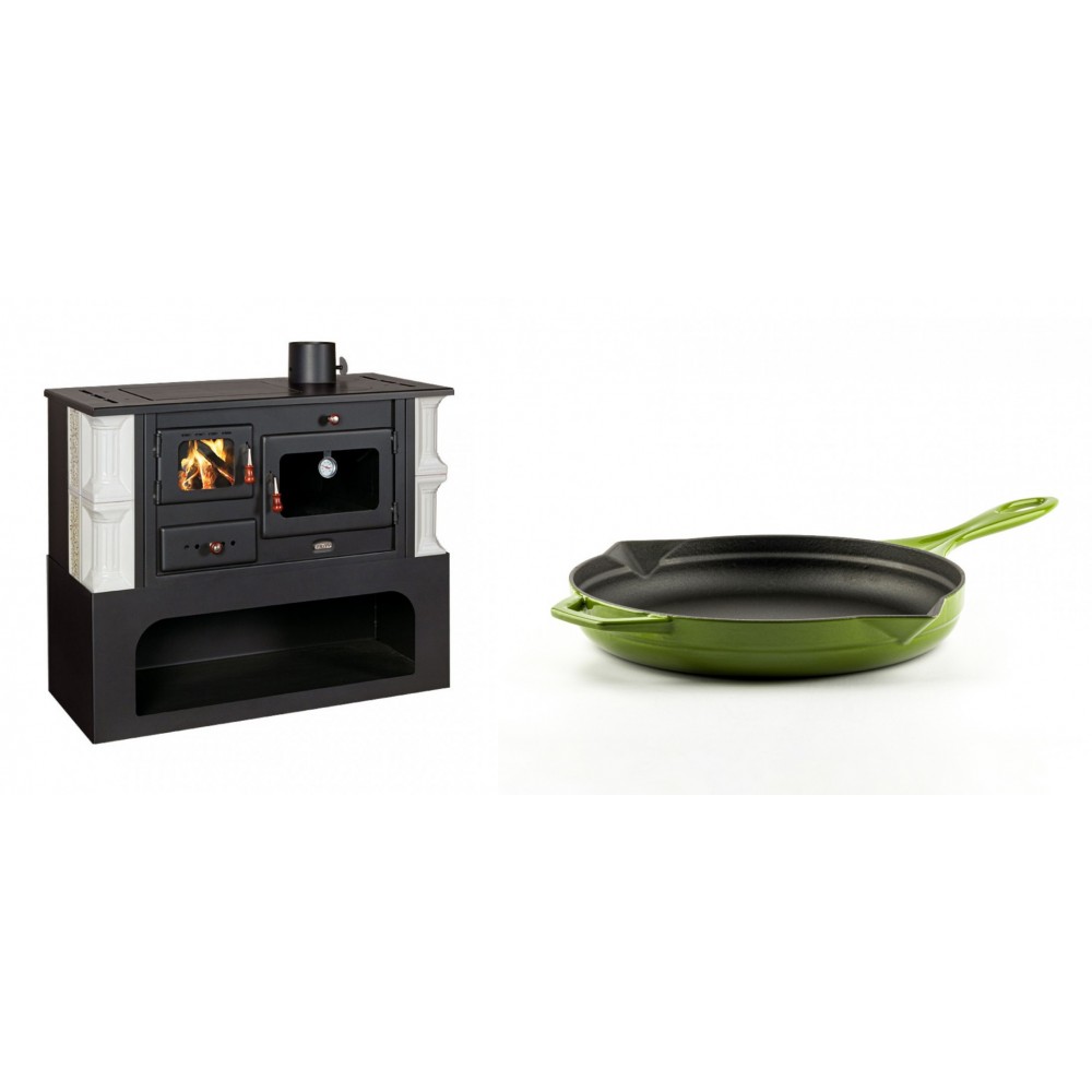 Set Küchenofen / Küchenhexe mit Backofen und Kochplatte Prity, Modell 1P34-K Dantela Rechts, Keramikverkleidung, Leistung 10.1kW + Emaillierte Gusseisenpfanne Solagio, Bamboo, Ф24cm | Kaminofen - Holzofen mit Backfach | Kaminofen |