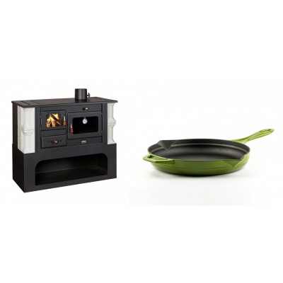 Set Küchenofen / Küchenhexe mit Backofen und Kochplatte Prity, Modell 1P34-K Dantela Rechts, Keramikverkleidung, Leistung 10.1kW + Emaillierte Gusseisenpfanne Solagio, Bamboo, Ф24cm - Kaminofen - Holzofen mit Backfach