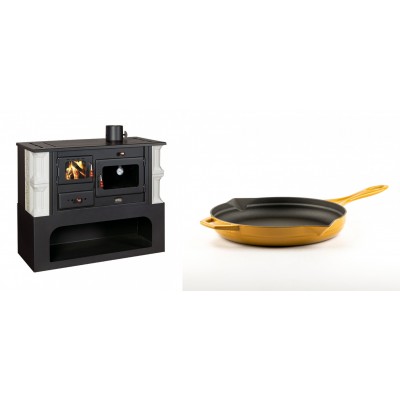 Set Küchenofen / Küchenhexe mit Backofen und Kochplatte Prity, Modell 1P34-K Dantela Rechts, Keramikverkleidung, Leistung 10.1kW + Emaillierte Gusseisenpfanne Solagio, Dijon, Ф24cm - Kaminofen - Holzofen mit Backfach