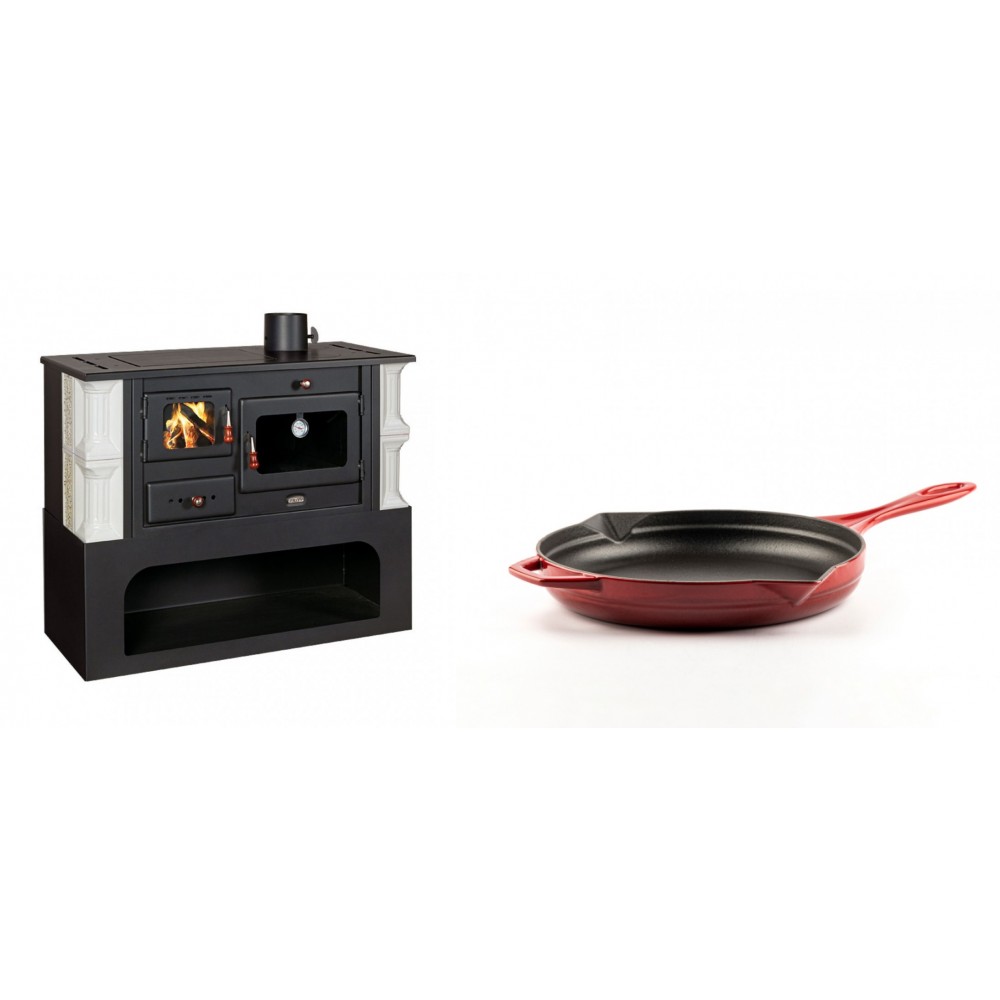 Set Küchenofen / Küchenhexe mit Backofen und Kochplatte Prity, Modell 1P34-K Dantela Rechts, Keramikverkleidung, Leistung 10.1kW + Emaillierte Gusseisenpfanne Solagio, Rubin, Ф24cm