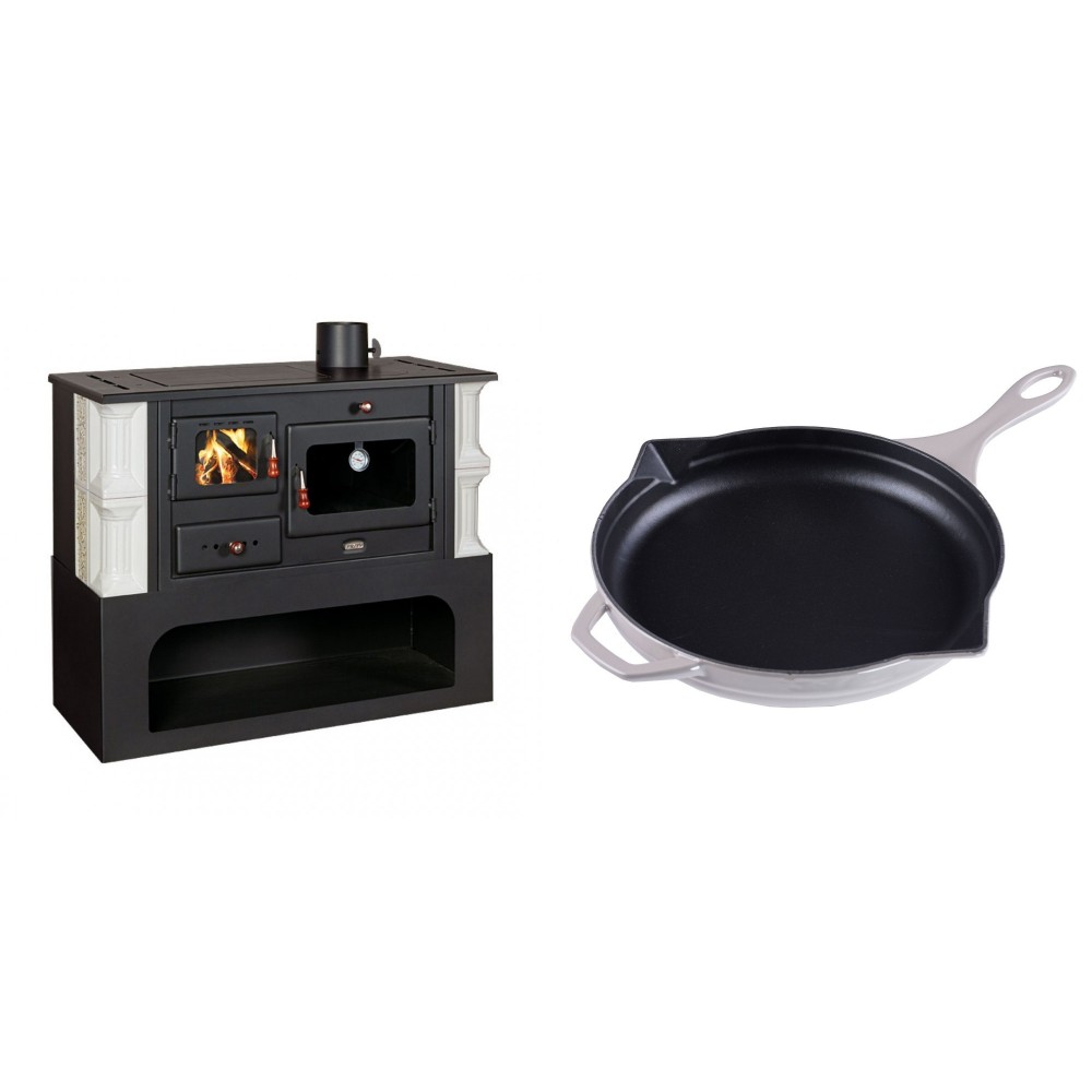 Set Küchenofen / Küchenhexe mit Backofen und Kochplatte Prity, Modell 1P34-K Dantela Rechts, Keramikverkleidung, Leistung 10.1kW + Emaillierte Gusseisenpfanne Solagio, Ivory, Ф28cm | Kaminofen - Holzofen mit Backfach | Kaminofen |