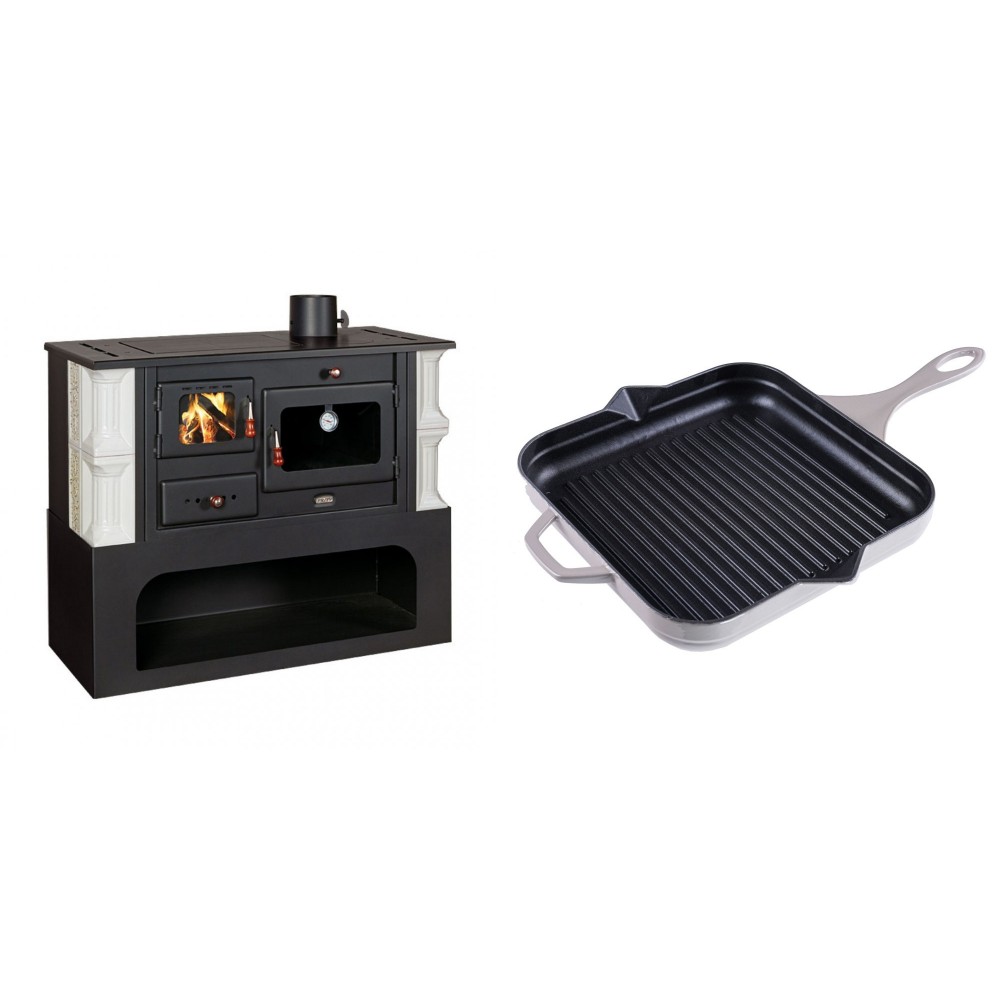 Set Küchenofen / Küchenhexe mit Backofen und Kochplatte Prity, Modell 1P34-K Dantela Rechts, Keramikverkleidung, Leistung 10.1kW + Emaillierte grillpfanne Gusseisen Solagio, Ivory, 28x28cm