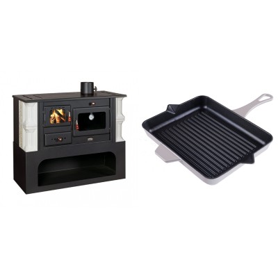 Set Küchenofen / Küchenhexe mit Backofen und Kochplatte Prity, Modell 1P34-K Dantela Rechts, Keramikverkleidung, Leistung 10.1kW + Emaillierte grillpfanne Gusseisen Solagio, Ivory, 26x32cm - Kaminofen - Holzofen mit Backfach