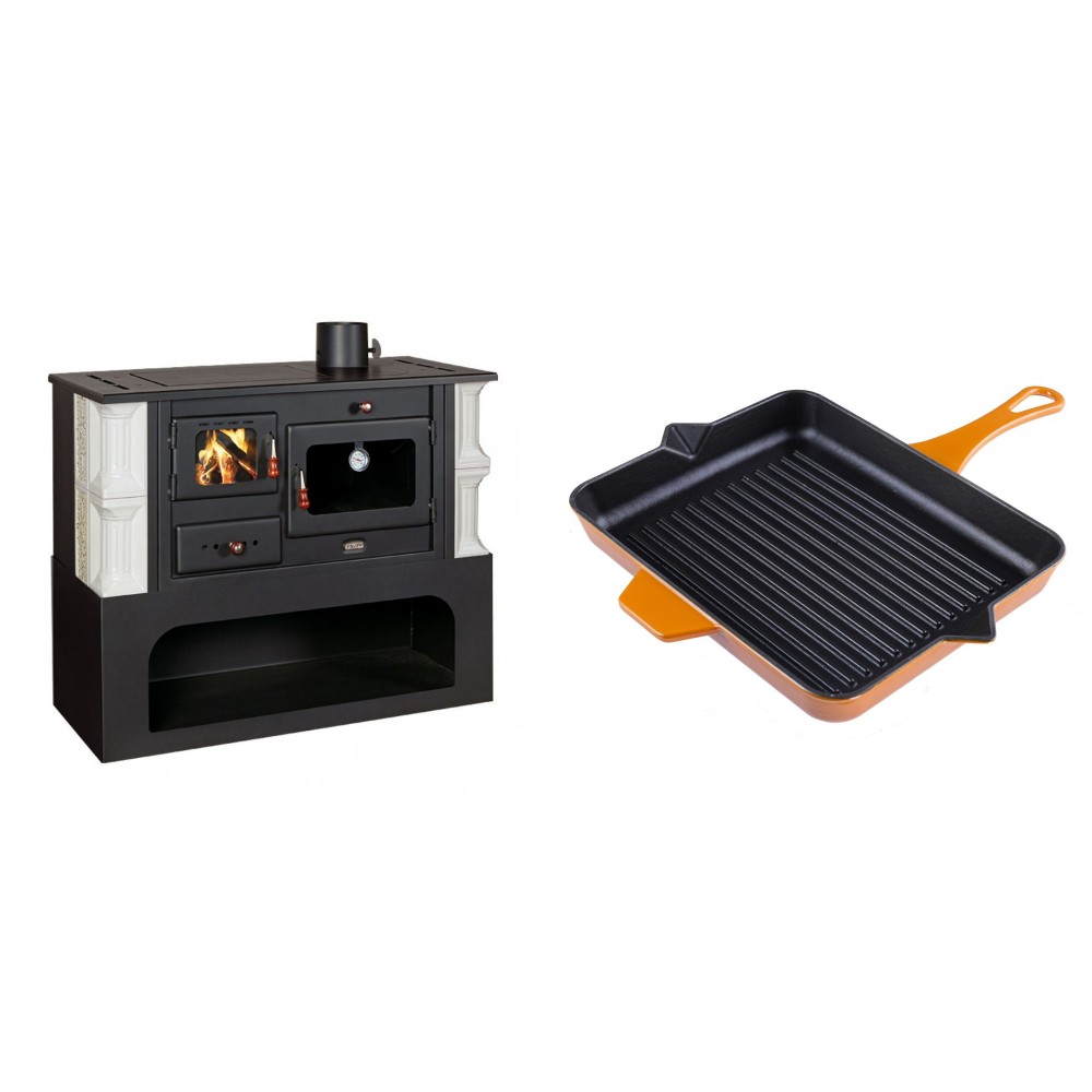 Set Küchenofen / Küchenhexe mit Backofen und Kochplatte Prity, Modell 1P34-K Dantela Rechts, Keramikverkleidung, Leistung 10.1kW + Emaillierte grillpfanne Gusseisen Solagio, Dijon, 26x32cm