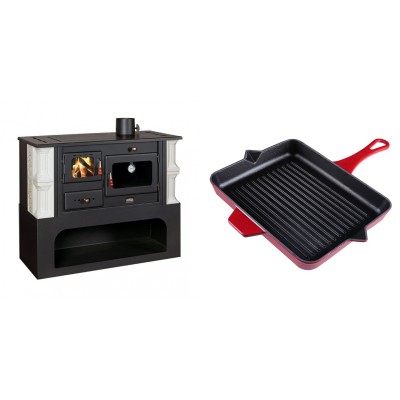 Set Küchenofen / Küchenhexe mit Backofen und Kochplatte Prity, Modell 1P34-K Dantela Rechts, Keramikverkleidung, Leistung 10.1kW + Emaillierte grillpfanne Gusseisen Solagio, Rubin, 26x32cm - Kaminofen - Holzofen mit Backfach