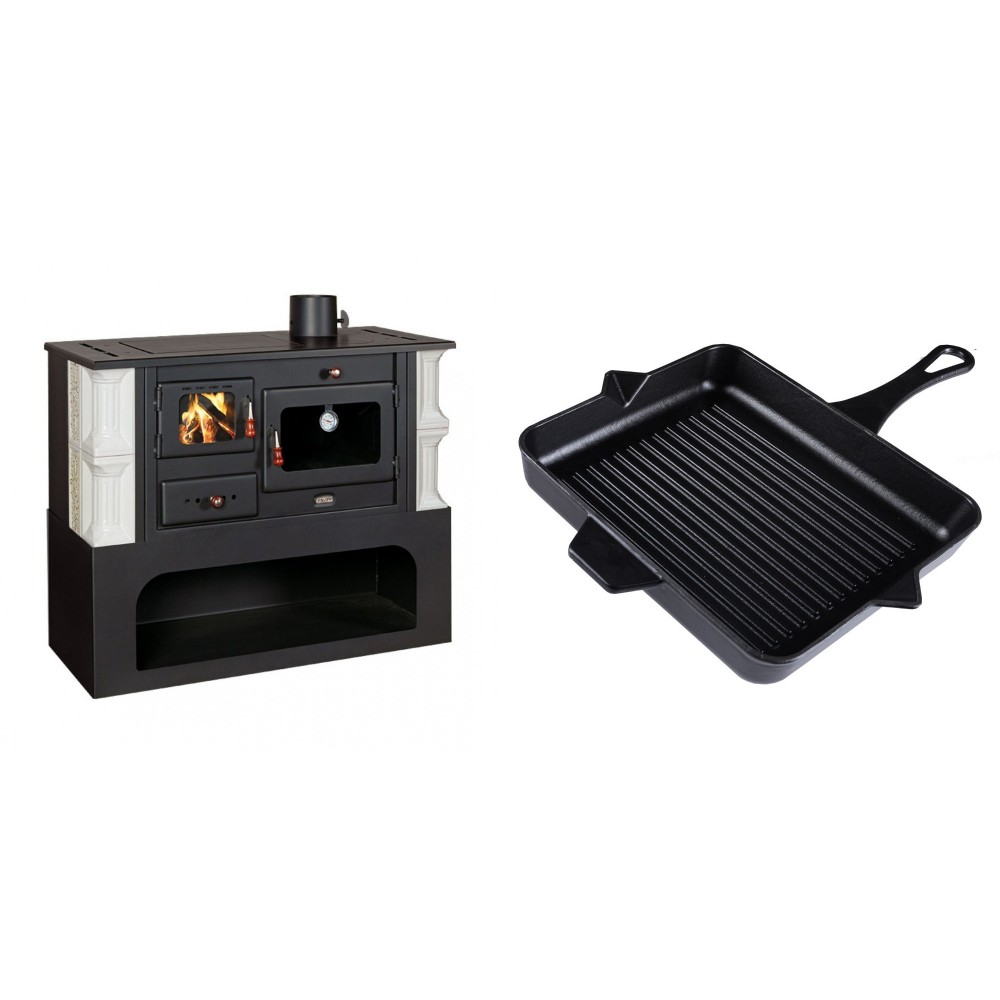 Set Küchenofen / Küchenhexe mit Backofen und Kochplatte Prity, Modell 1P34-K Dantela Rechts, Keramikverkleidung, Leistung 10.1kW + Emaillierte grillpfanne Gusseisen Solagio, Black Onyx, 26x32cm | Kaminofen - Holzofen mit Backfach | Kaminofen |
