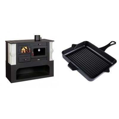Set Küchenofen / Küchenhexe mit Backofen und Kochplatte Prity, Modell 1P34-K Dantela Rechts, Keramikverkleidung, Leistung 10.1kW + Emaillierte grillpfanne Gusseisen Solagio, Black Onyx, 26x32cm - Kaminofen - Holzofen mit Backfach