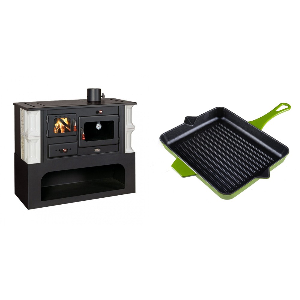 Set Küchenofen / Küchenhexe mit Backofen und Kochplatte Prity, Modell 1P34-K Dantela Rechts, Keramikverkleidung, Leistung 10.1kW + Emaillierte grillpfanne Gusseisen Solagio, Bamboo, 26x32cm