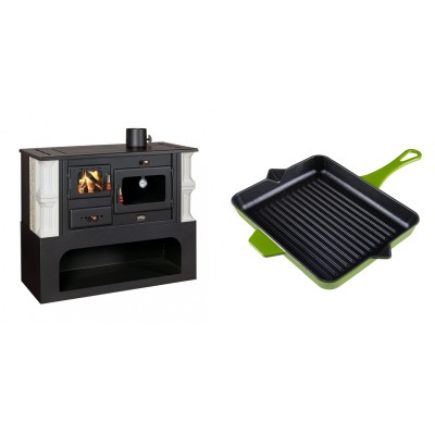 Set Küchenofen / Küchenhexe mit Backofen und Kochplatte Prity, Modell 1P34-K Dantela Rechts, Keramikverkleidung, Leistung 10.1kW + Emaillierte grillpfanne Gusseisen Solagio, Bamboo, 26x32cm - Kaminofen - Holzofen mit Backfach